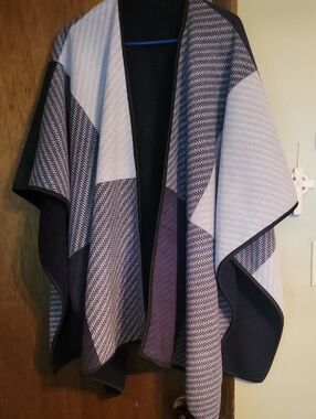 Geometric Knit Poncho in Black, Gray & Purple